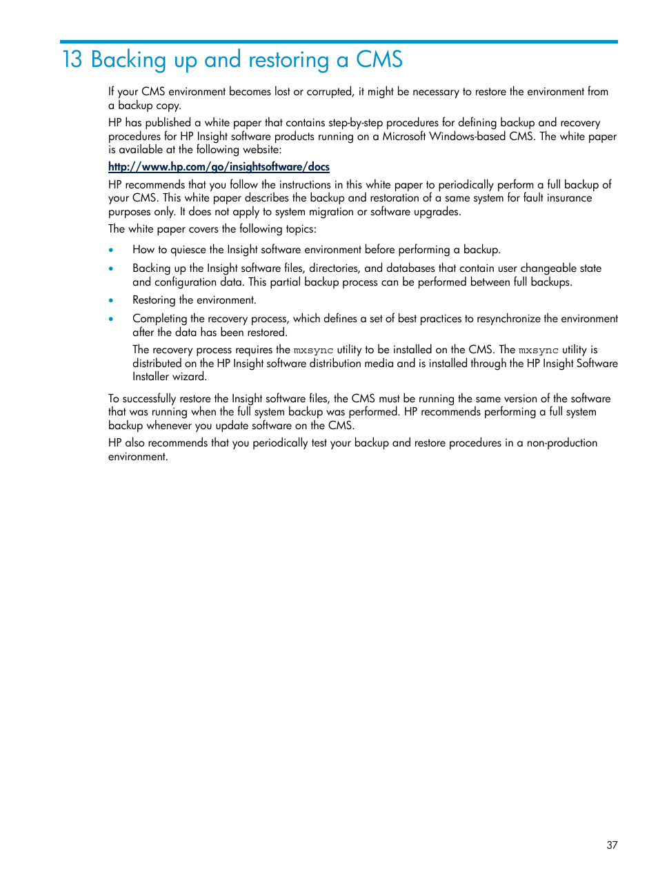 13 backing up and restoring a cms | HP Insight Control User Manual | Page 37 / 46