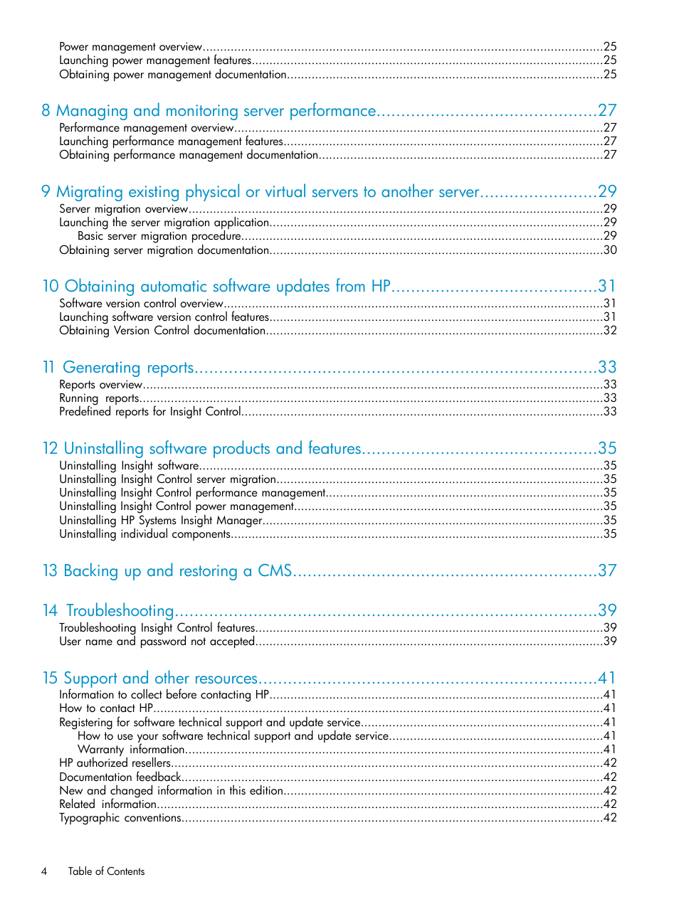 8 managing and monitoring server performance, 10 obtaining automatic software updates from hp, 11 generating reports | 12 uninstalling software products and features, 15 support and other resources | HP Insight Control User Manual | Page 4 / 46