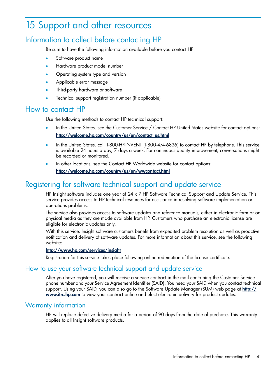 15 support and other resources, Information to collect before contacting hp, How to contact hp | Warranty information | HP Insight Control User Manual | Page 41 / 46