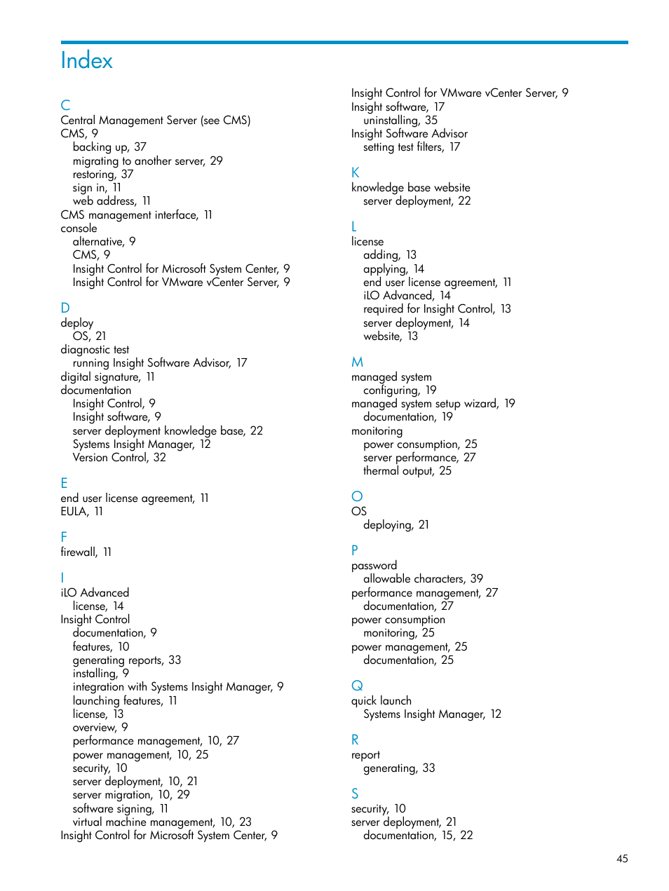 Index | HP Insight Control User Manual | Page 45 / 46