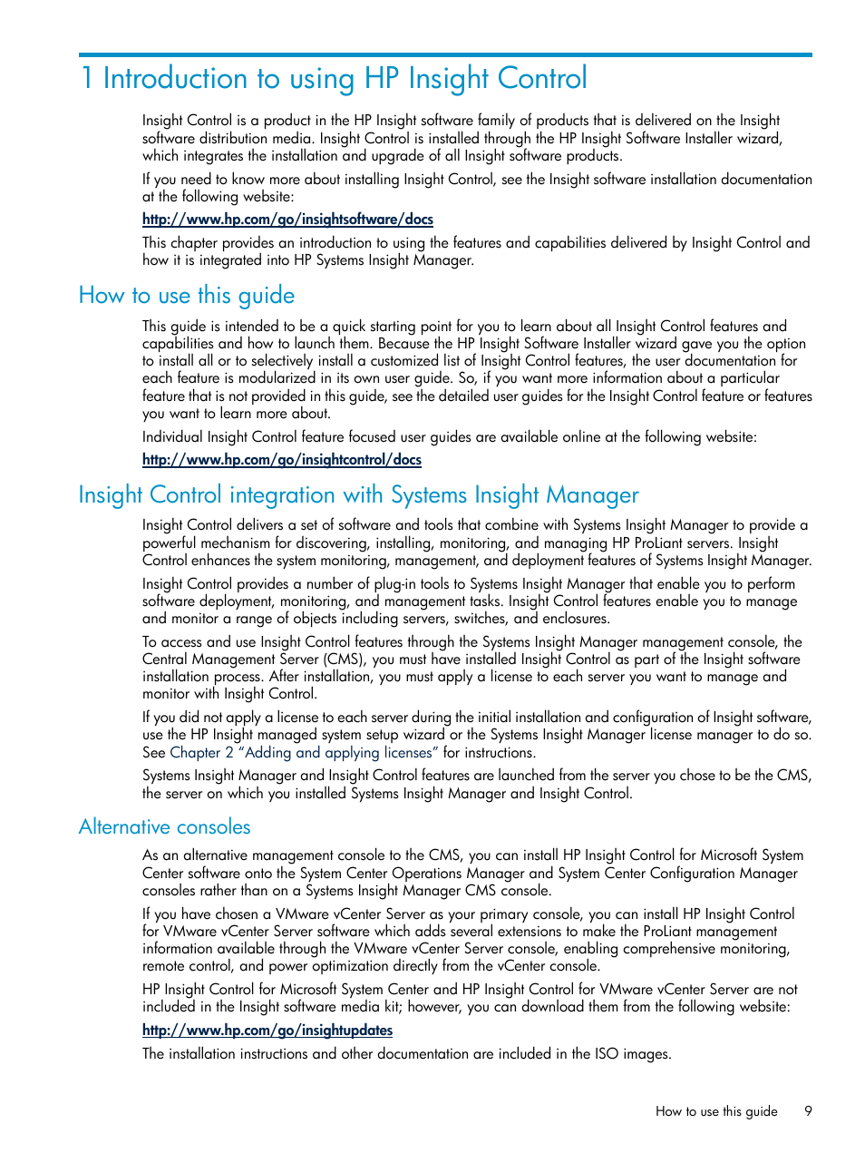 1 introduction to using hp insight control, How to use this guide, Alternative consoles | HP Insight Control User Manual | Page 9 / 46