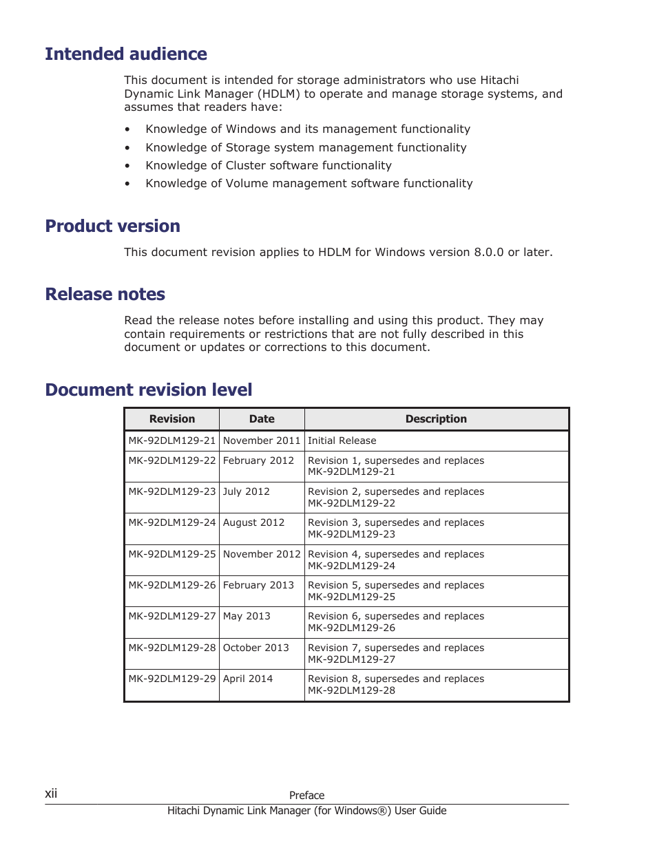 Intended audience, Product version, Release notes | Document revision level | HP XP7 Storage User Manual | Page 12 / 446