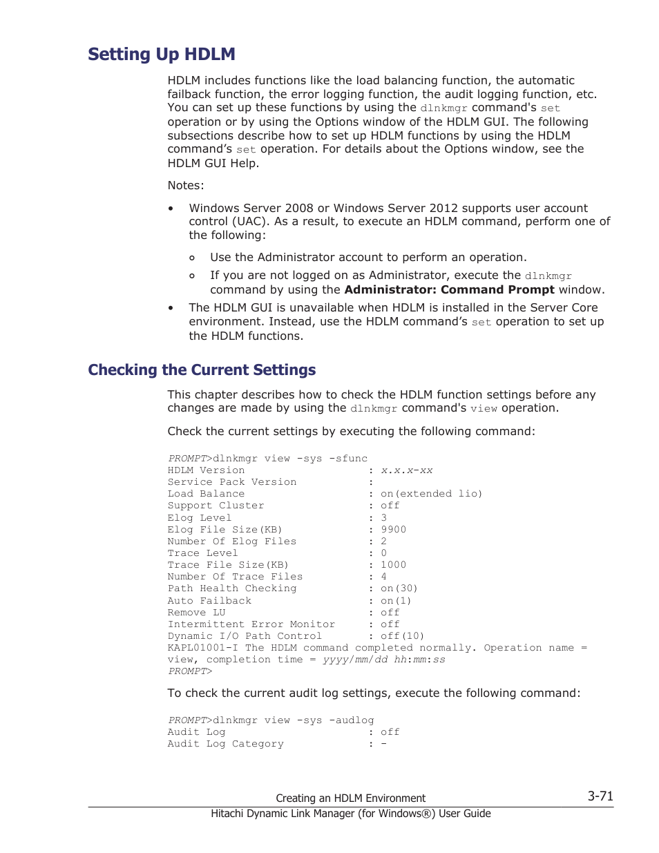 Setting up hdlm, Checking the current settings, Setting up hdlm -71 | Checking the current settings -71 | HP XP7 Storage User Manual | Page 139 / 446