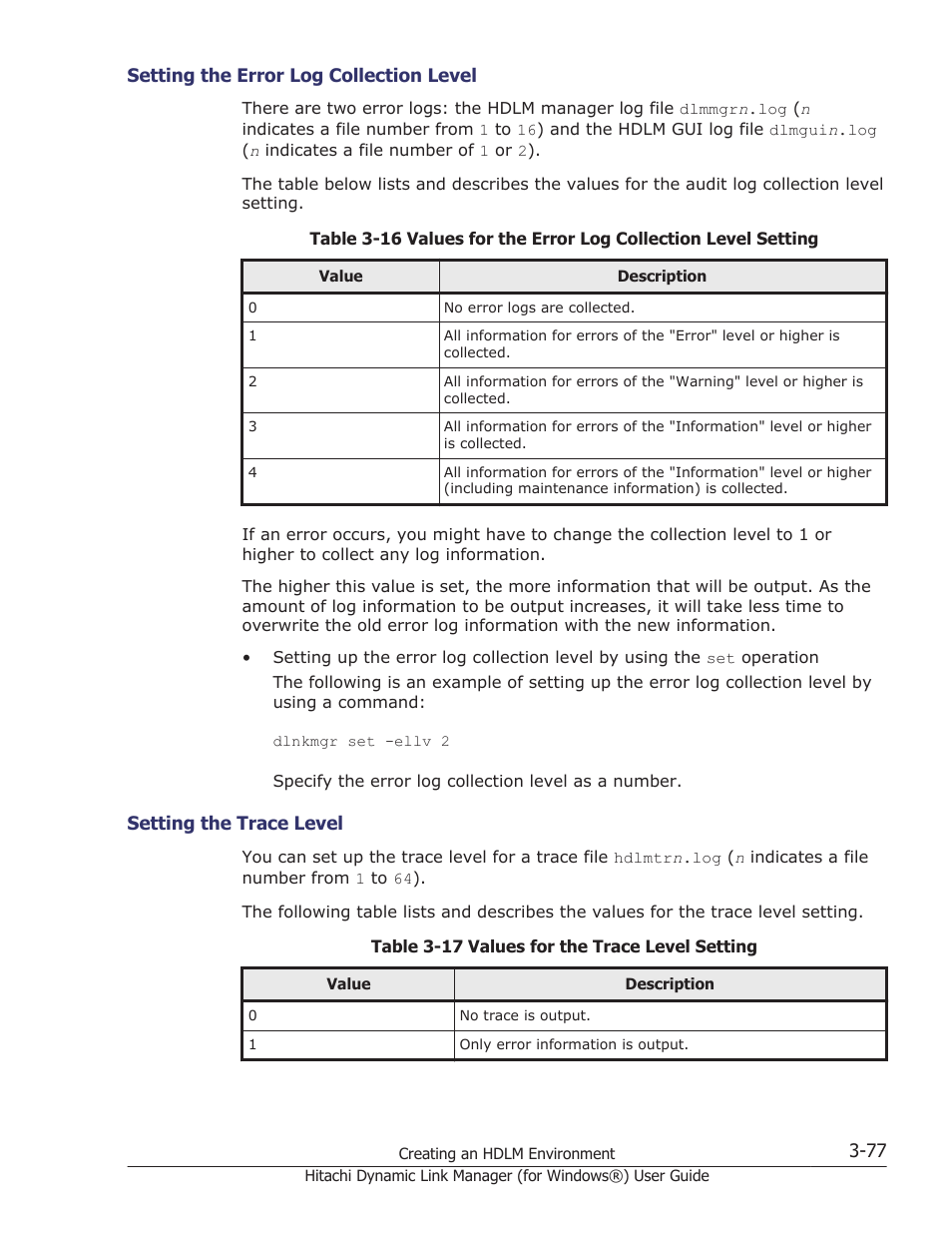 Setting the error log collection level -77, Setting the trace level -77 | HP XP7 Storage User Manual | Page 145 / 446