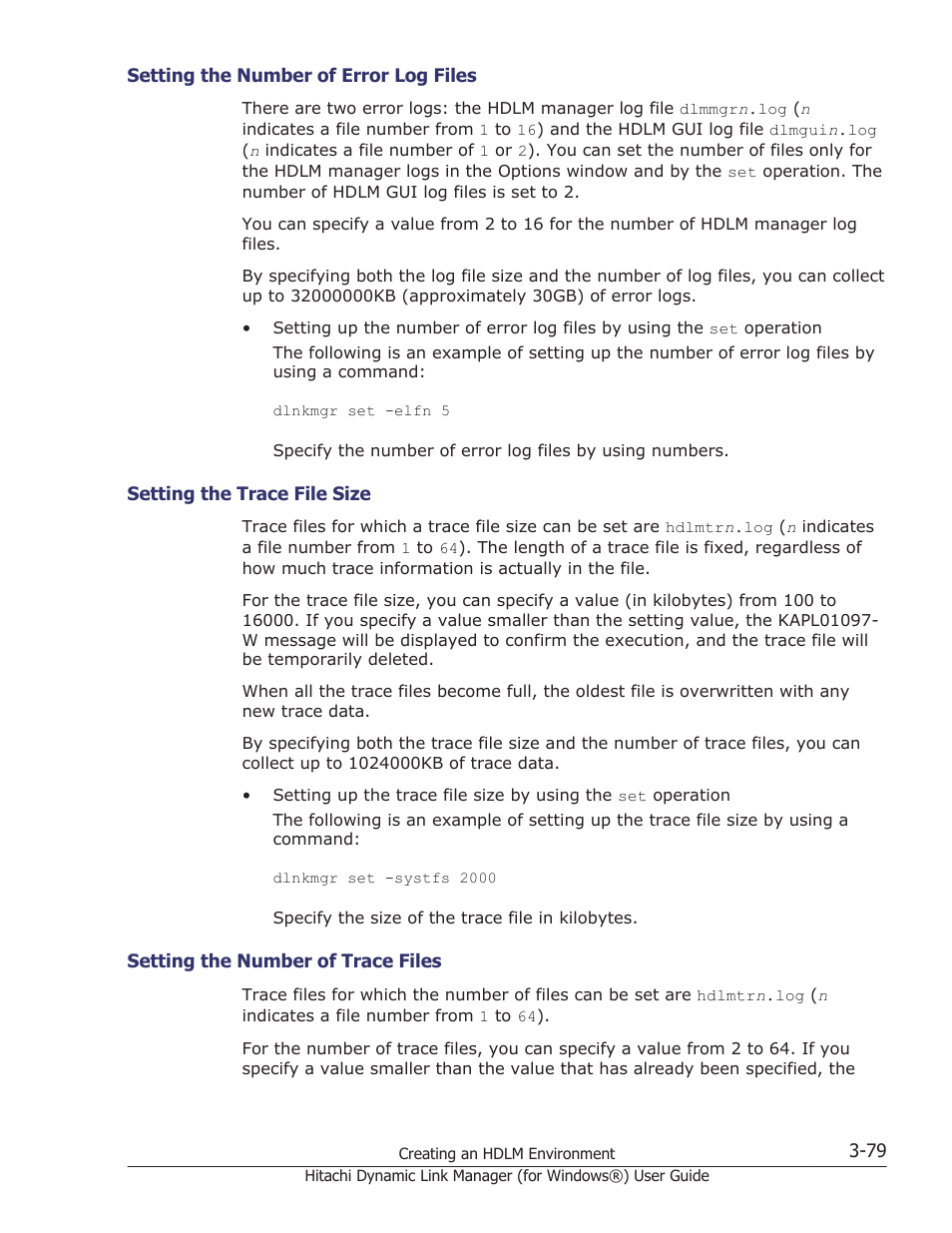 Setting the number of error log files -79, Setting the trace file size -79, Setting the number of trace files -79 | HP XP7 Storage User Manual | Page 147 / 446