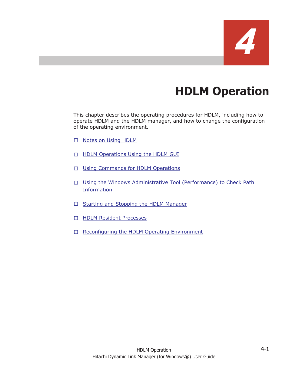 Hdlm operation, 4 hdlm operation -1, Chapter 4, hdlm operation on | HP XP7 Storage User Manual | Page 163 / 446