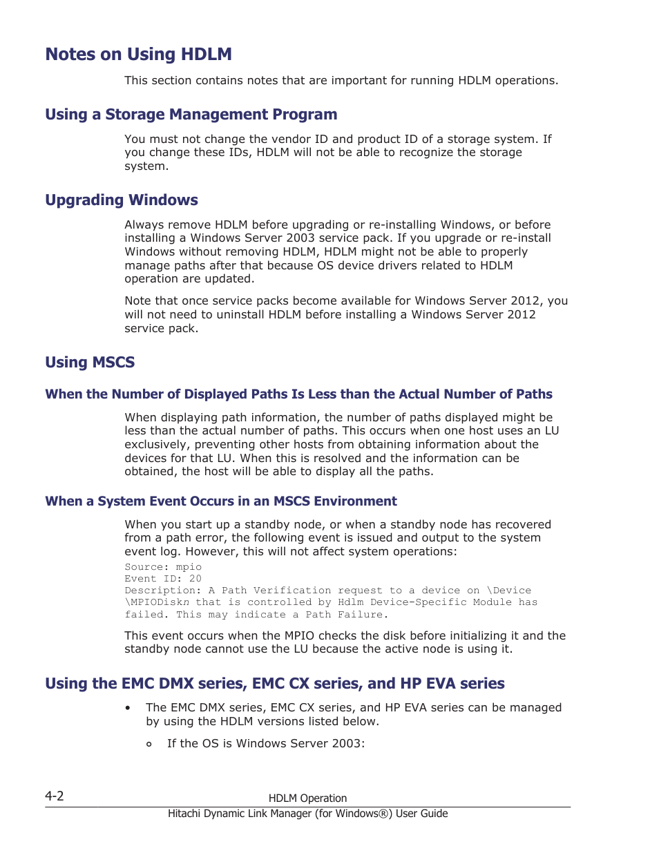 Notes on using hdlm, Using a storage management program, Upgrading windows | Using mscs, Notes on using hdlm -2, Using a storage management program -2, Upgrading windows -2, Using mscs -2 | HP XP7 Storage User Manual | Page 164 / 446