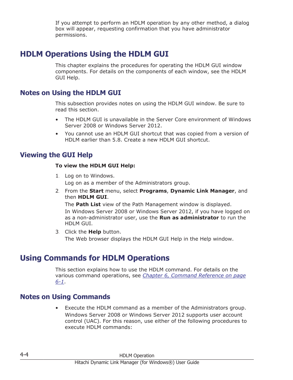 Hdlm operations using the hdlm gui, Notes on using the hdlm gui, Viewing the gui help | Using commands for hdlm operations, Notes on using commands, Hdlm operations using the hdlm gui -4, Notes on using the hdlm gui -4, Viewing the gui help -4, Using commands for hdlm operations -4, Notes on using commands -4 | HP XP7 Storage User Manual | Page 166 / 446