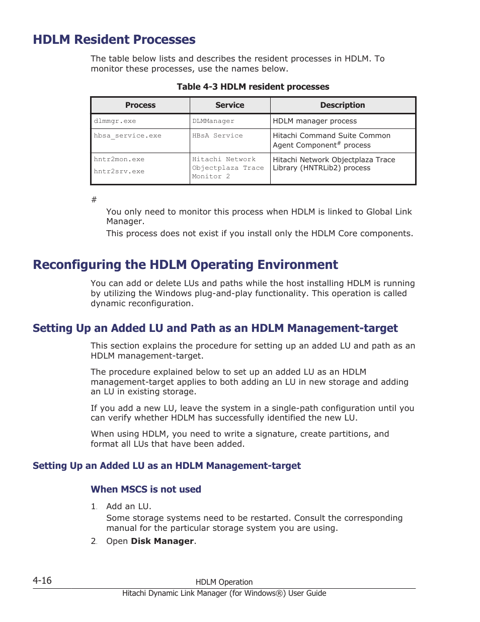 Hdlm resident processes, Reconfiguring the hdlm operating environment, Hdlm resident processes -16 | Reconfiguring the hdlm operating environment -16, Setting up an added lu and path as an hdlm, Setting up an added lu | HP XP7 Storage User Manual | Page 178 / 446