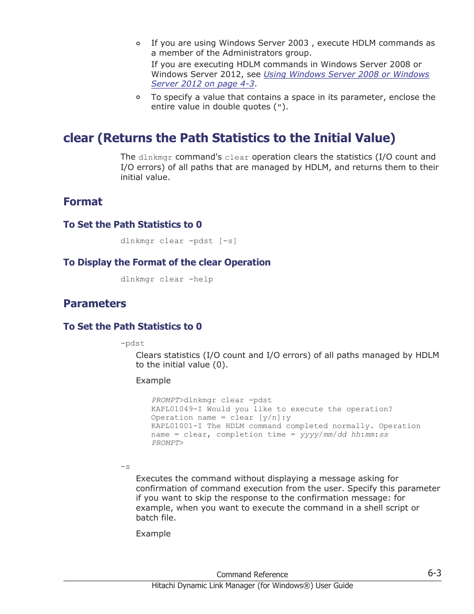 Format, Parameters, Format -3 | To set the path statistics to 0 -3, To display the format of the clear operation -3, Parameters -3, Managed by the hdlm system. for details, see, Clear (returns the path | HP XP7 Storage User Manual | Page 195 / 446