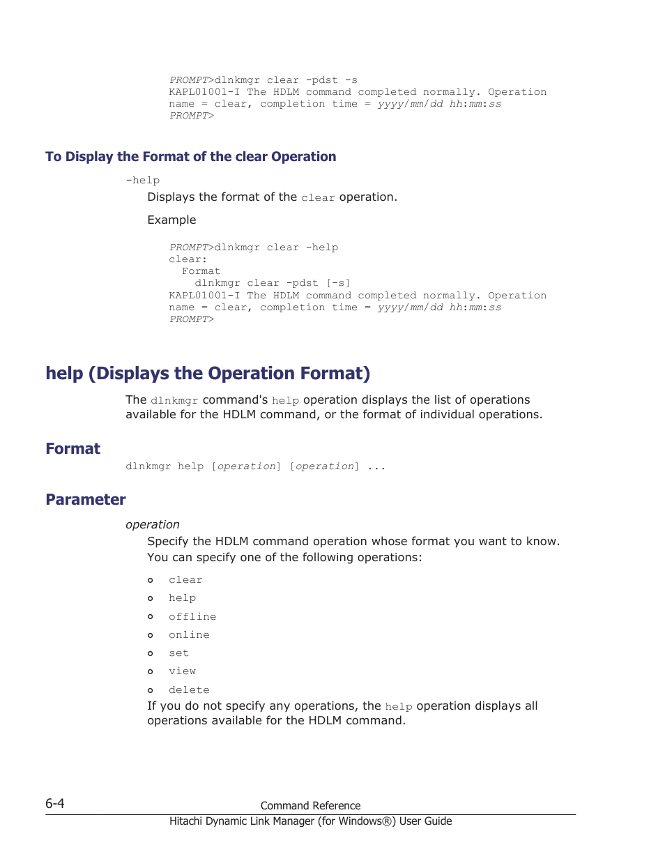 Help (displays the operation format), Format, Parameter | To display the format of the clear operation -4, Help (displays the operation format) -4, Format -4, Parameter -4 | HP XP7 Storage User Manual | Page 196 / 446