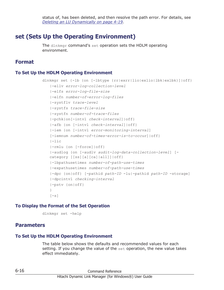 Set (sets up the operating environment), Format, Parameters | Set (sets up the operating environment) -16, Format -16, To set up the hdlm operating environment -16, To display the format of the set operation -16, Parameters -16, Operation, see, On how to specify the settings, see | HP XP7 Storage User Manual | Page 208 / 446