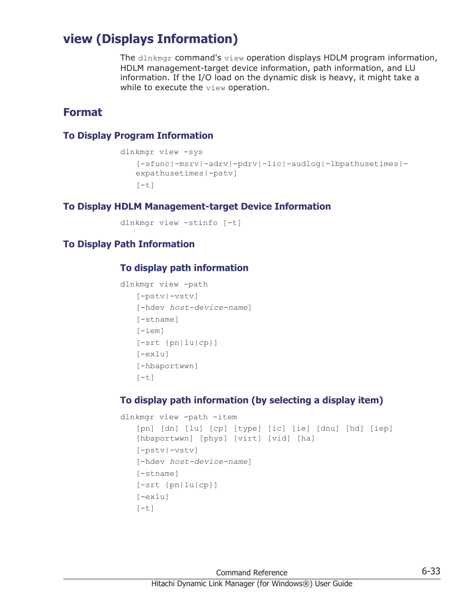 View (displays information), Format, View (displays information) -33 | Format -33, To display program information -33, To display path information -33, View (displays, Operation. for details on the path name, see, View (displays information) on, View | HP XP7 Storage User Manual | Page 225 / 446