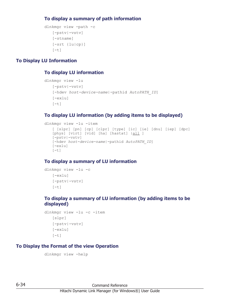 To display lu information -34, To display the format of the view operation -34 | HP XP7 Storage User Manual | Page 226 / 446