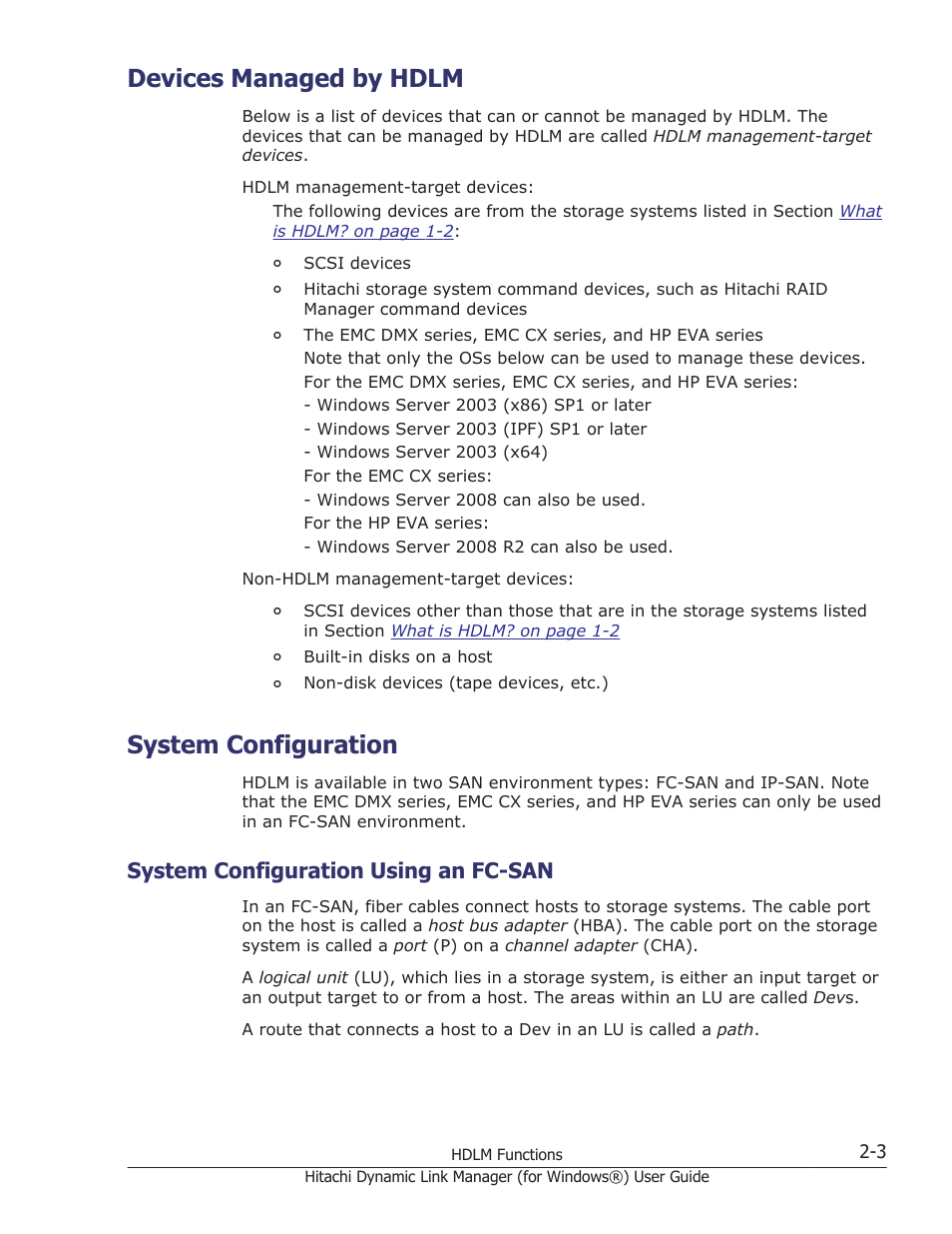 Devices managed by hdlm, System configuration, System configuration using an fc-san | Devices managed by hdlm -3, System configuration -3, System configuration using an fc-san -3 | HP XP7 Storage User Manual | Page 23 / 446