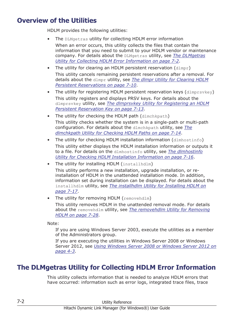 Overview of the utilities, Overview of the utilities -2, The dlmgetras utility for collecting | Utility and the error information it collects, see, The dlmgetras, Utility and the information it collects, see | HP XP7 Storage User Manual | Page 272 / 446