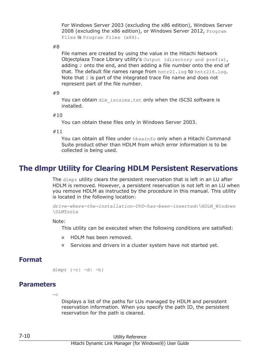 Format, Parameters, Format -10 | Parameters -10, Utility, see, The dlmpr utility for clearing hdlm | HP XP7 Storage User Manual | Page 280 / 446