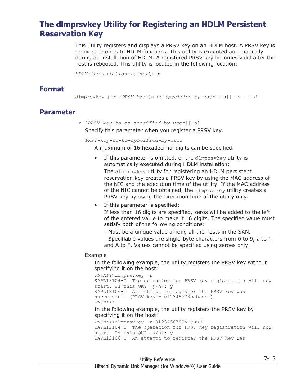 Format, Parameter, Format -13 | Parameter -13, Utility, see, The dlmprsvkey, The dlmprsvkey utility for registering an hdlm | HP XP7 Storage User Manual | Page 283 / 446