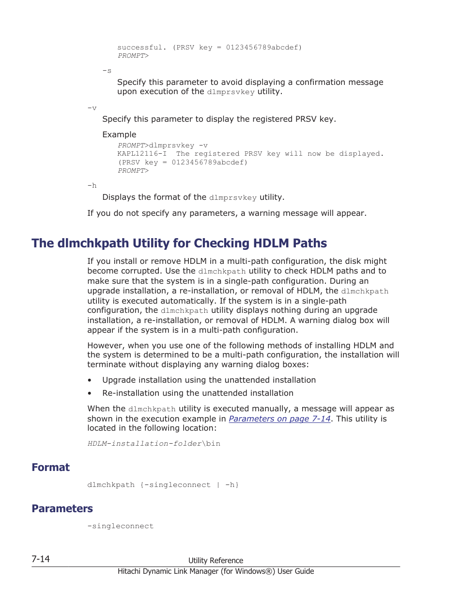 The dlmchkpath utility for checking hdlm paths, Format, Parameters | The dlmchkpath utility for checking hdlm paths -14, Format -14, Parameters -14, The dlmchkpath utility for, Utility, see, The dlmchkpath utility for checking hdlm | HP XP7 Storage User Manual | Page 284 / 446