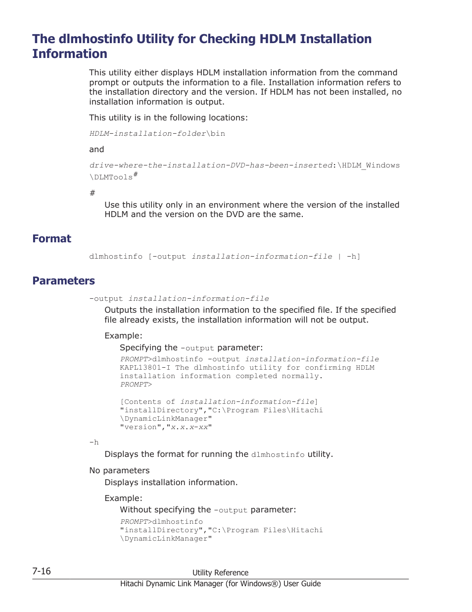 Format, Parameters, Format -16 | Parameters -16, The dlmhostinfo | HP XP7 Storage User Manual | Page 286 / 446