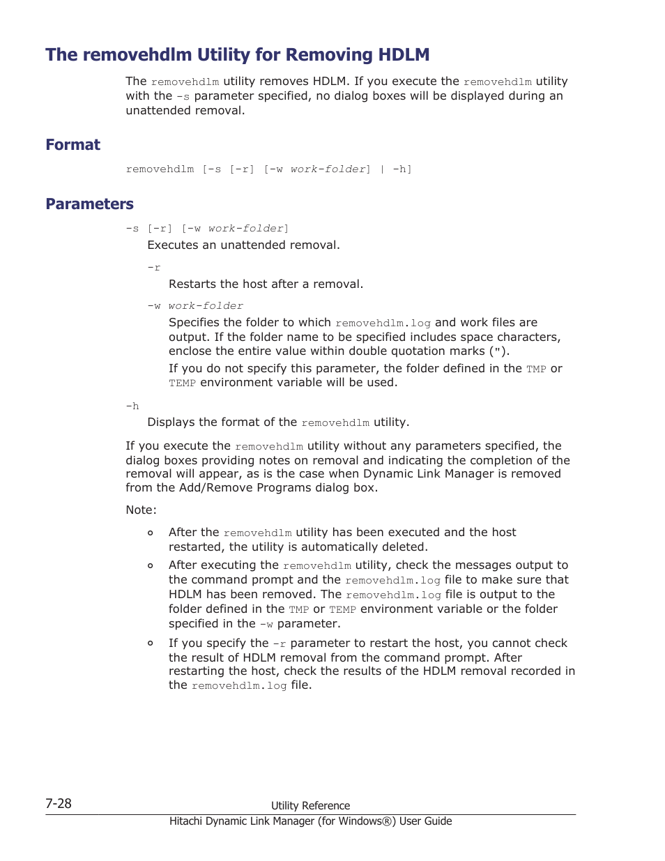 The removehdlm utility for removing hdlm, Format, Parameters | The removehdlm utility for removing hdlm -28, Format -28, Parameters -28, The removehdlm utility, Utility, see, The removehdlm utility for removing | HP XP7 Storage User Manual | Page 298 / 446