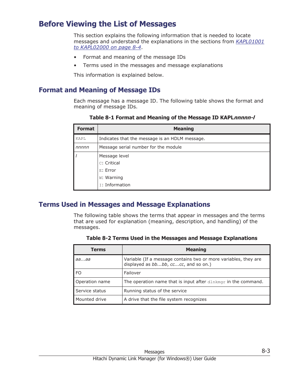 Before viewing the list of messages, Format and meaning of message ids, Terms used in messages and message explanations | Before viewing the list of messages -3, Format and meaning of message ids -3, Terms used in messages and message explanations -3 | HP XP7 Storage User Manual | Page 301 / 446