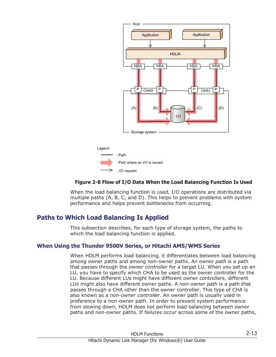 Paths to which load balancing is applied, Paths to which load balancing is applied -13, Not used | Shows the flow of i/o data when the load balancing | HP XP7 Storage User Manual | Page 33 / 446