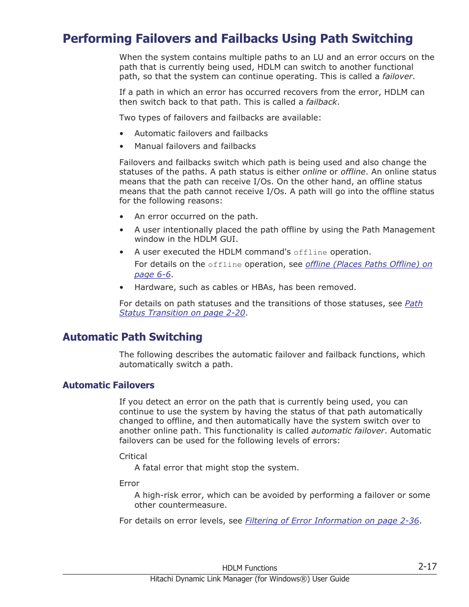 Automatic path switching, Automatic path switching -17, Automatic failovers -17 | For details on performing failovers, see, Performing failovers and failbacks, For details on performing failbacks, see, Performing failovers and | HP XP7 Storage User Manual | Page 37 / 446