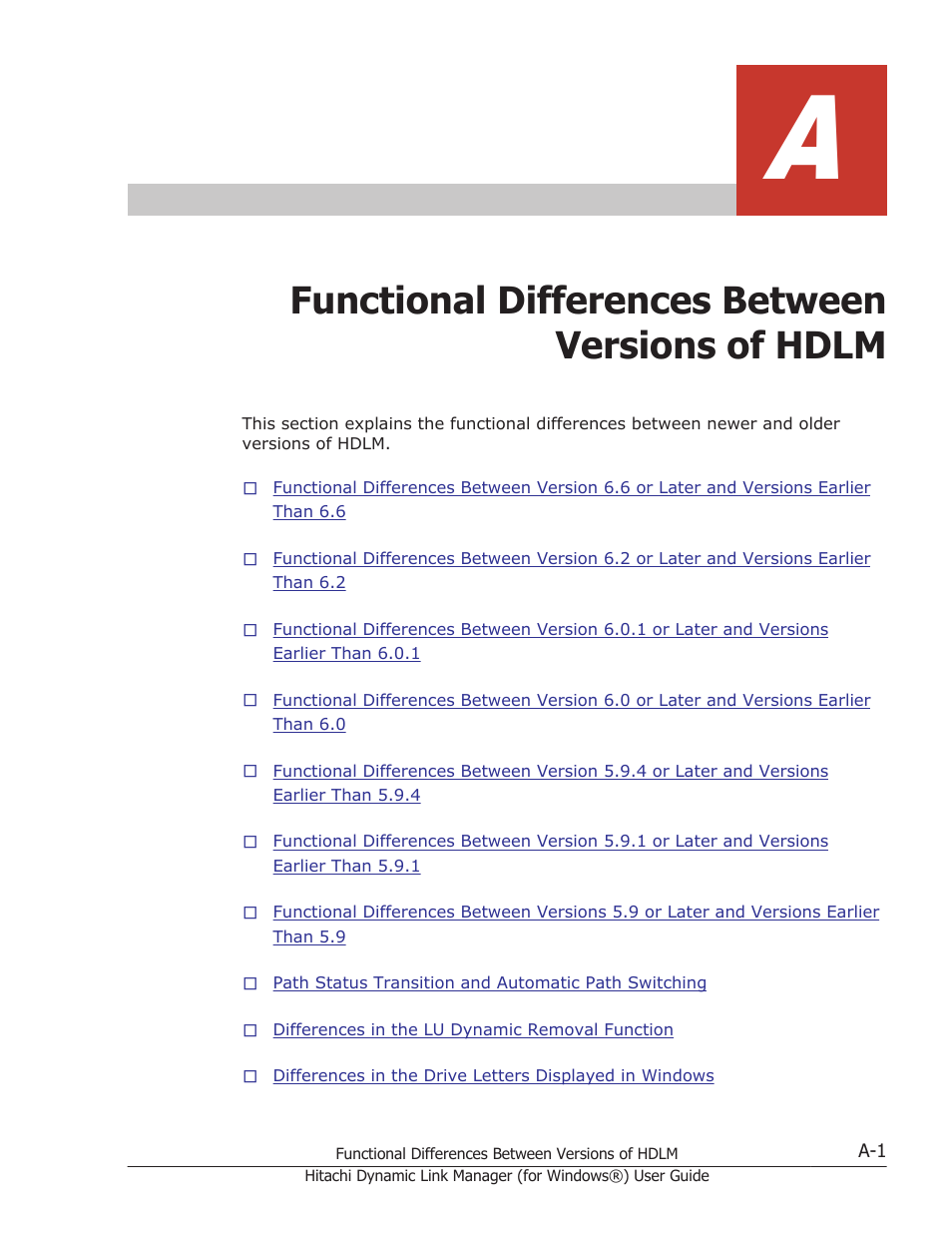 Functional differences between versions of hdlm, Appendix a, functional, Differences between versions of | HP XP7 Storage User Manual | Page 417 / 446