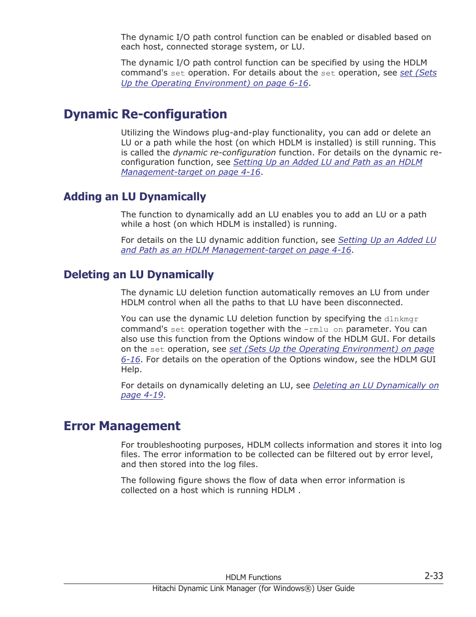 Dynamic re-configuration, Adding an lu dynamically, Deleting an lu dynamically | Error management, Dynamic re-configuration -33, Adding an lu dynamically -33, Deleting an lu dynamically -33, Error management -33 | HP XP7 Storage User Manual | Page 53 / 446