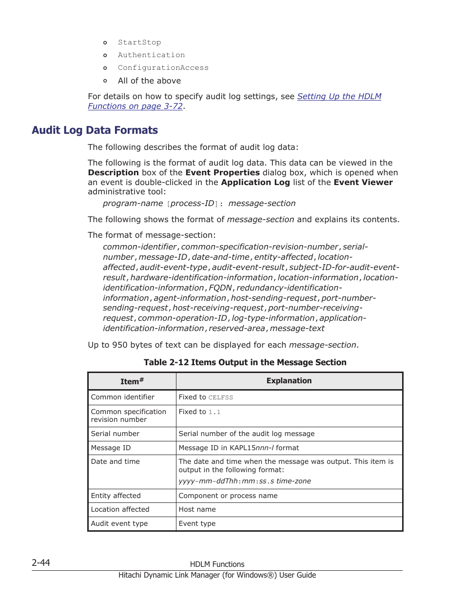 Audit log data formats, Audit log data formats -44 | HP XP7 Storage User Manual | Page 64 / 446