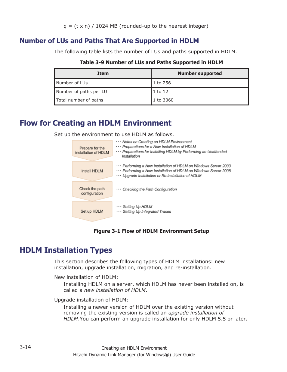 Number of lus and paths that are supported in hdlm, Flow for creating an hdlm environment, Hdlm installation types | Flow for creating an hdlm environment -14, Hdlm installation types -14 | HP XP7 Storage User Manual | Page 82 / 446