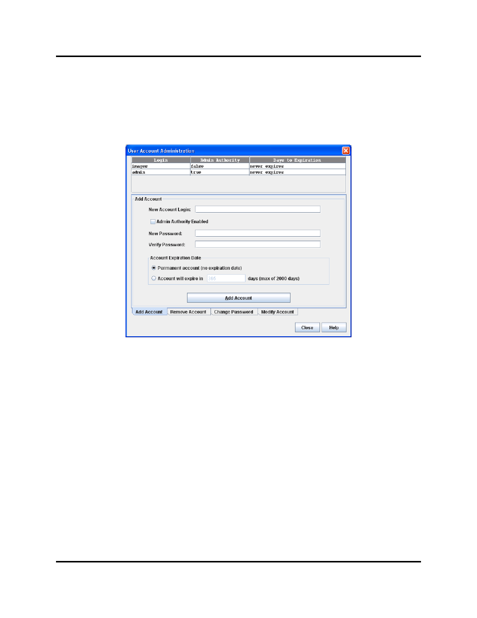 Creating user accounts, User account administration dialog – add account | HP Switch SFP Modules User Manual | Page 29 / 100