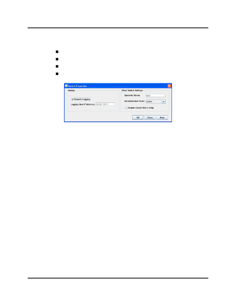 Syslog, Symbolic name, Switch properties dialog | HP Switch SFP Modules User Manual | Page 38 / 100