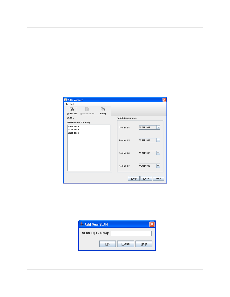Configuring vlan manager, Vlan manager dialog, Add new vlan dialog | HP Switch SFP Modules User Manual | Page 43 / 100