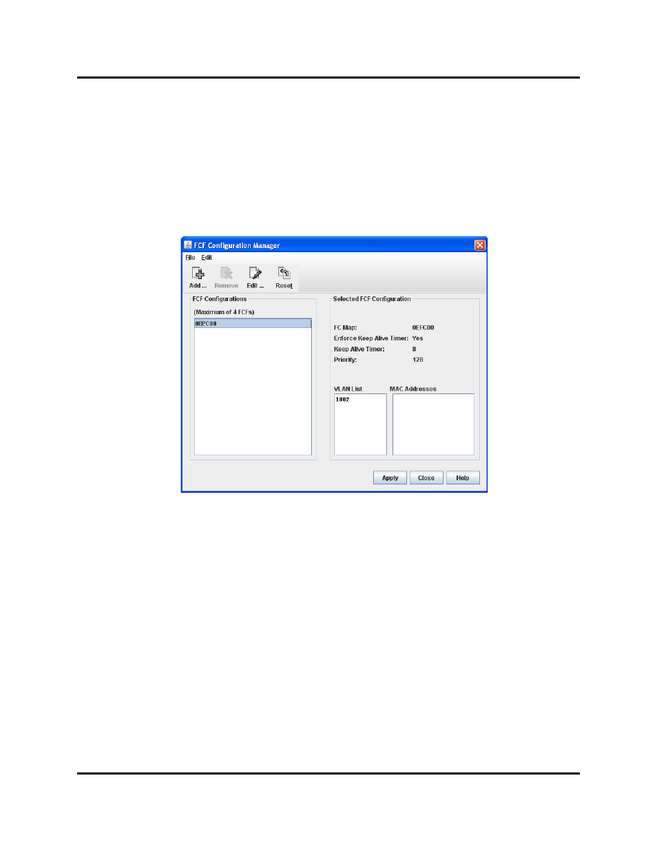 Configuring fcf configuration manager, Fcf configuration manager dialog | HP Switch SFP Modules User Manual | Page 44 / 100