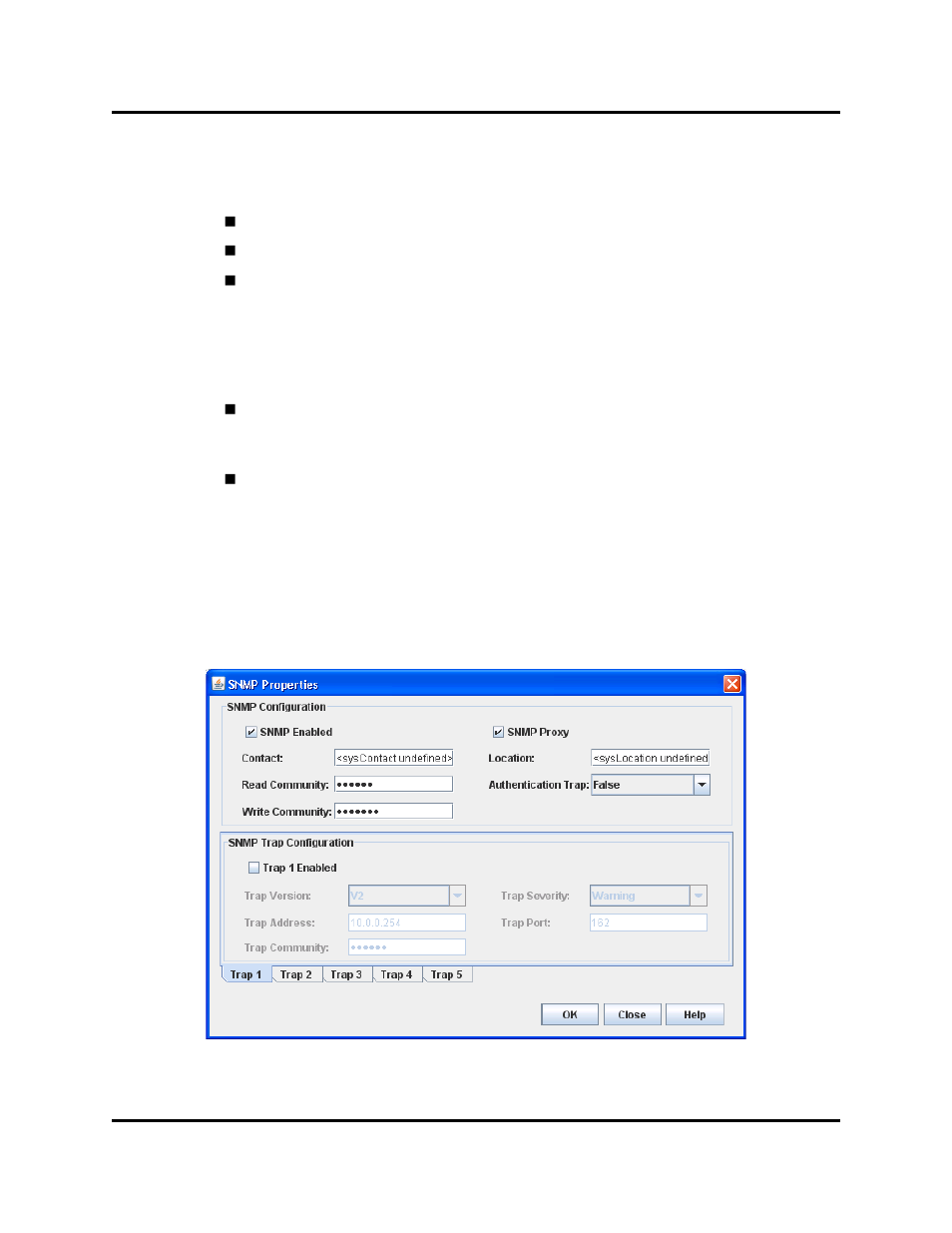 Configuring snmp, Snmp properties, Snmp properties dialog | HP Switch SFP Modules User Manual | Page 49 / 100