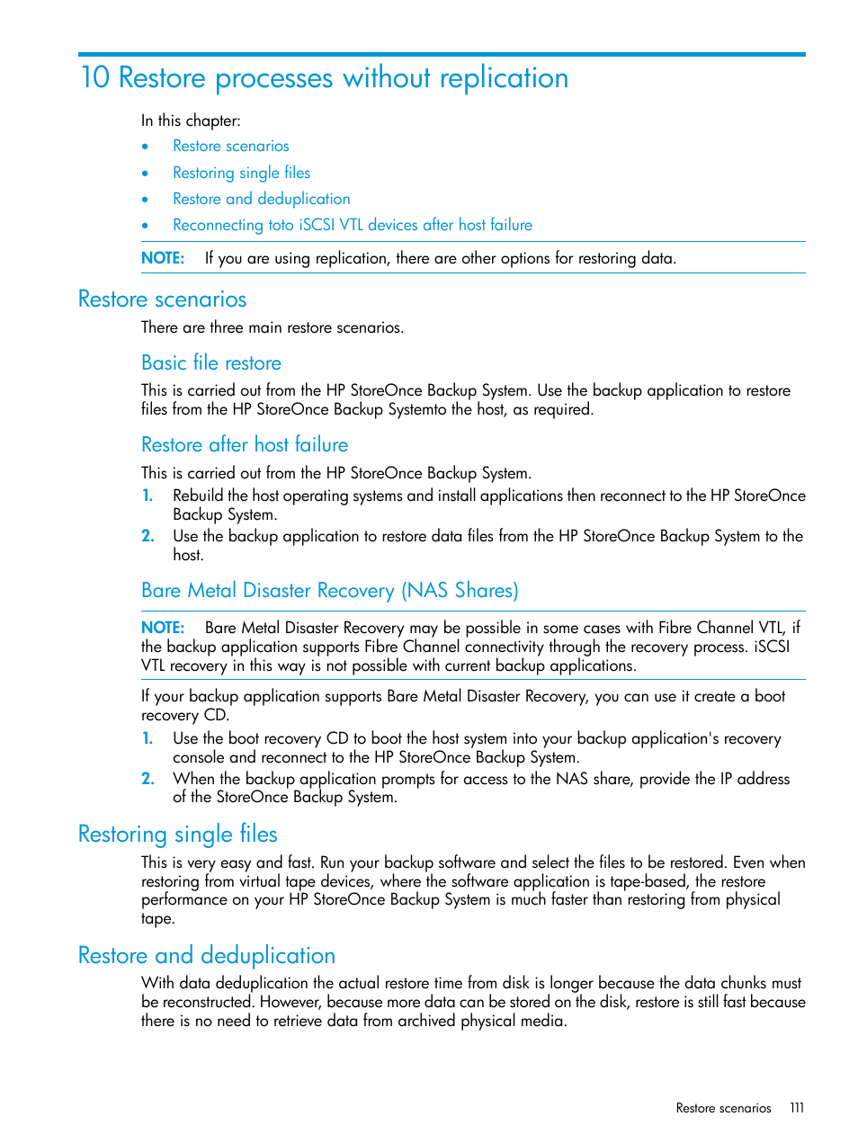 10 restore processes without replication, Restore scenarios, Restoring single files | Restore and deduplication, Basic file restore, Restore after host failure, Bare metal disaster recovery (nas shares) | HP StoreOnce Backup User Manual | Page 111 / 178