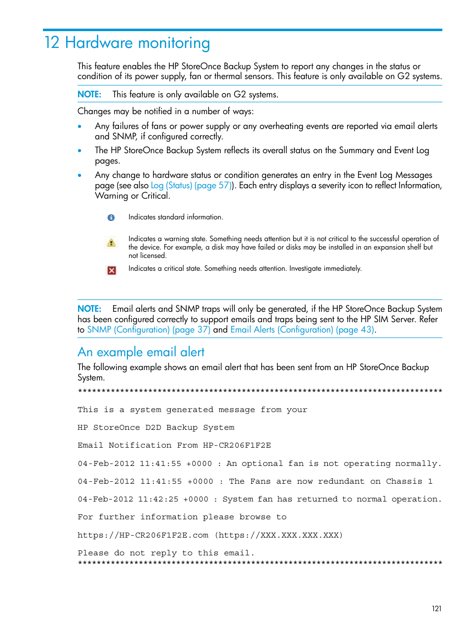 12 hardware monitoring, An example email alert | HP StoreOnce Backup User Manual | Page 121 / 178