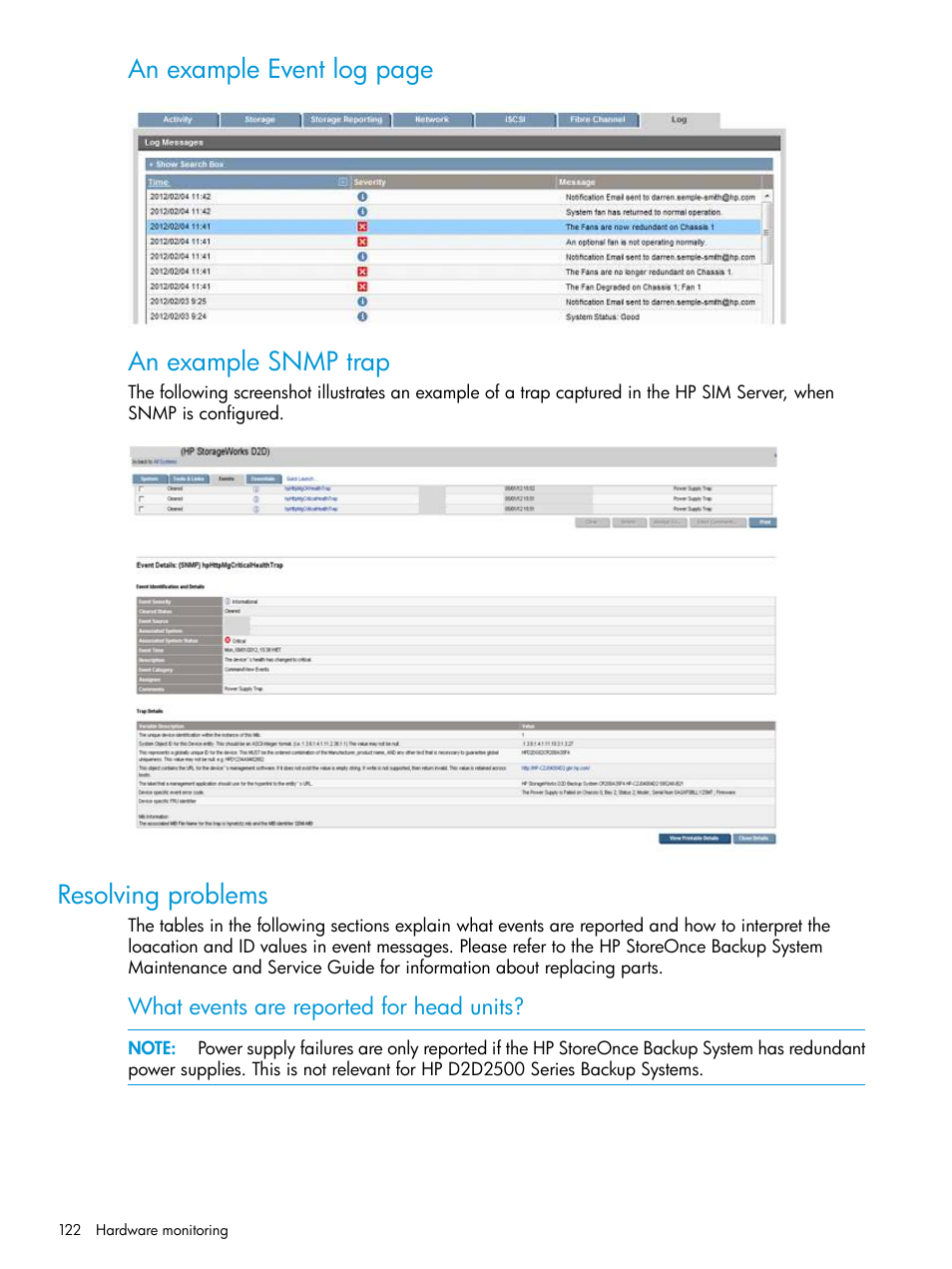 Resolving problems, An example event log page an example snmp trap | HP StoreOnce Backup User Manual | Page 122 / 178