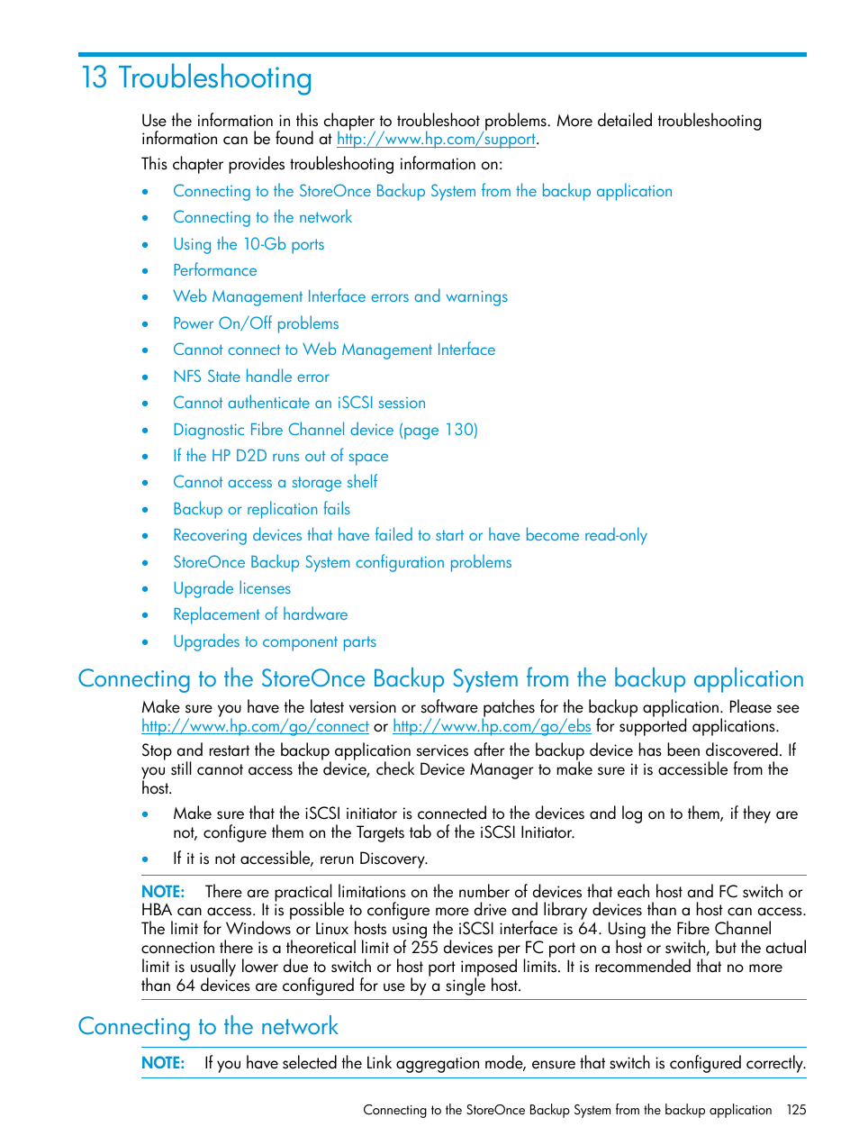 13 troubleshooting, Connecting to the network | HP StoreOnce Backup User Manual | Page 125 / 178