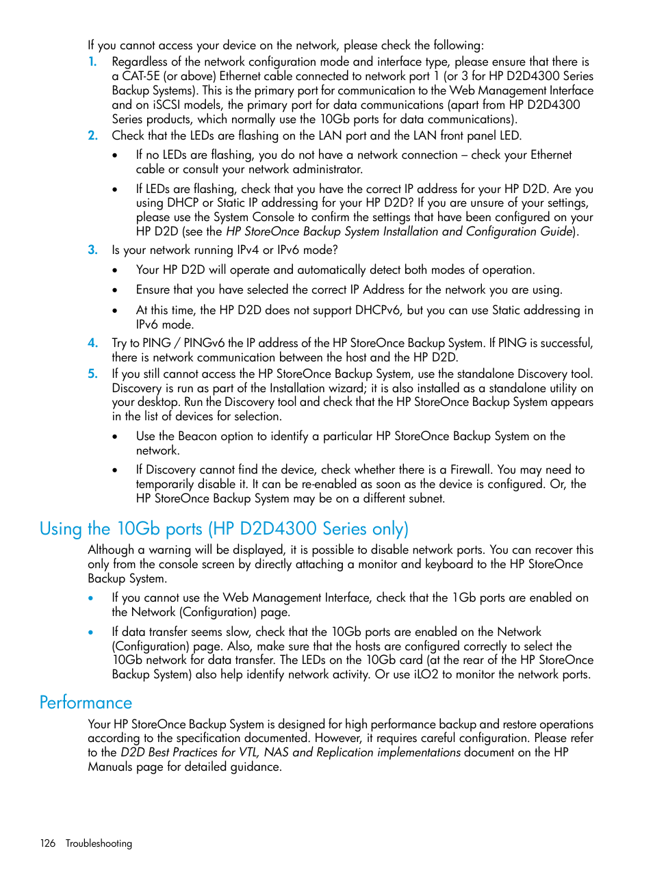 Using the 10gb ports (hp d2d4300 series only), Performance, Using the 10-gb ports | HP StoreOnce Backup User Manual | Page 126 / 178