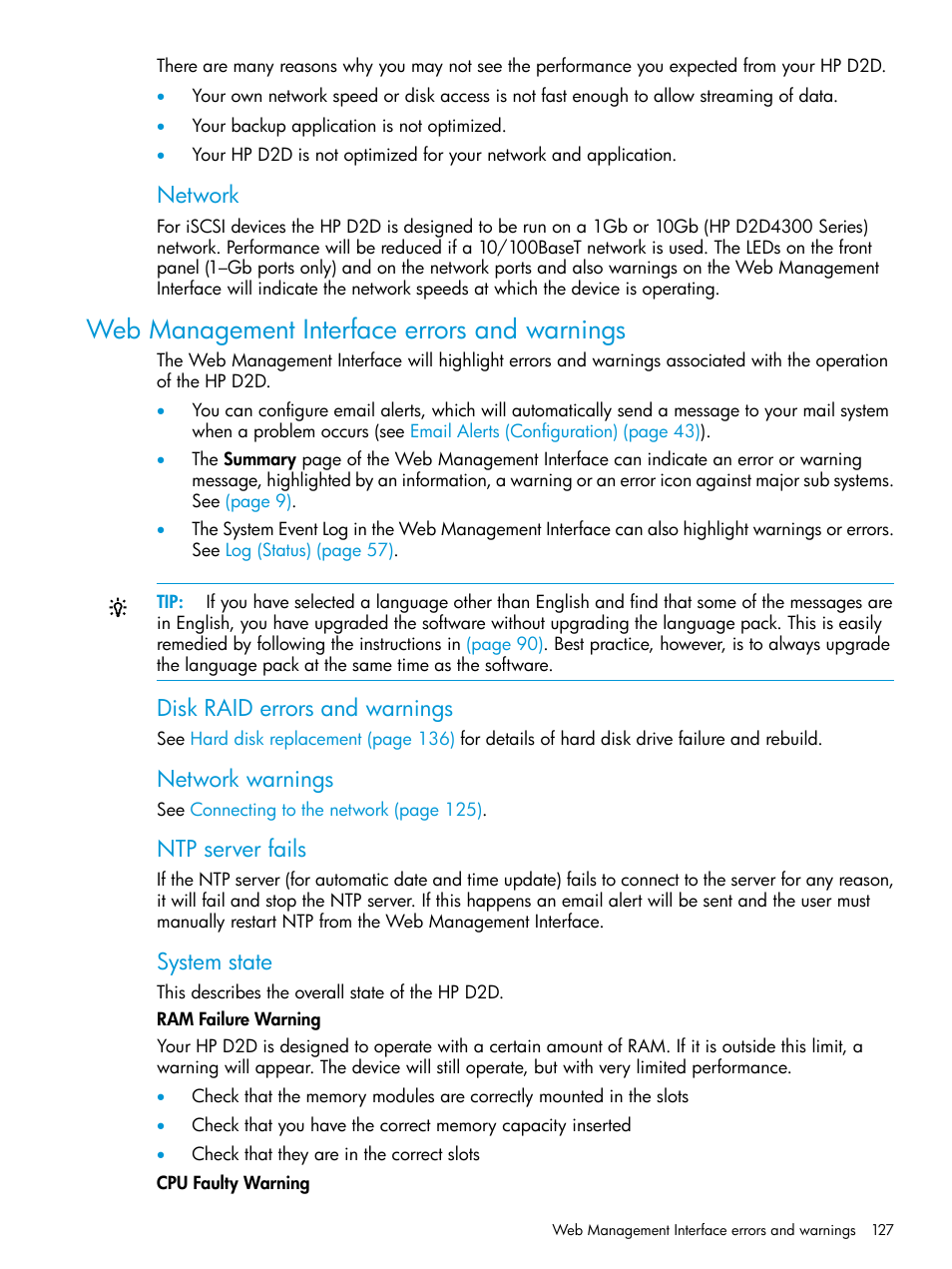 Web management interface errors and warnings, Network, Disk raid errors and warnings | Network warnings, Ntp server fails, System state | HP StoreOnce Backup User Manual | Page 127 / 178