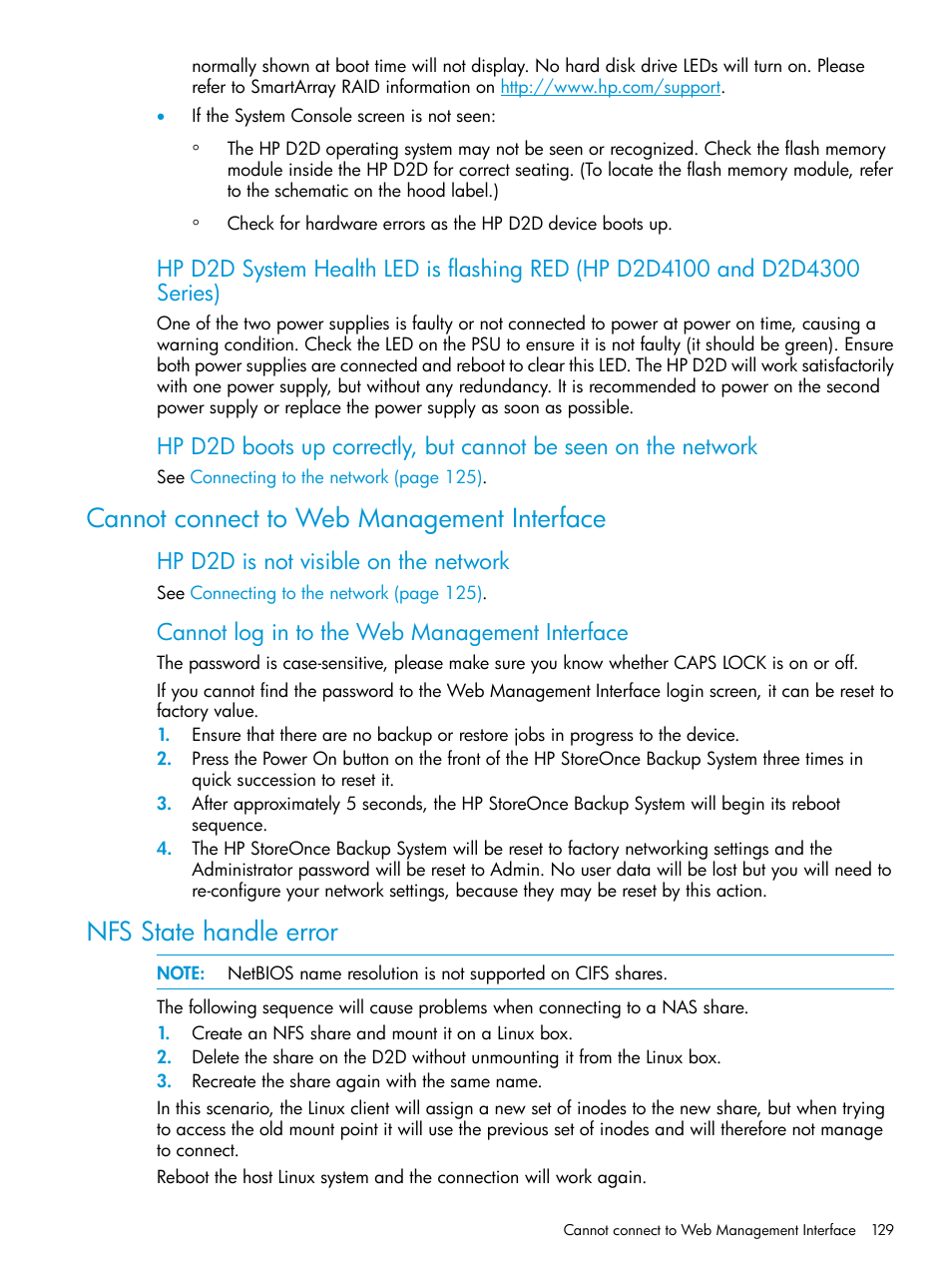 Cannot connect to web management interface, Nfs state handle error, Hp d2d is not visible on the network | Cannot log in to the web management interface | HP StoreOnce Backup User Manual | Page 129 / 178