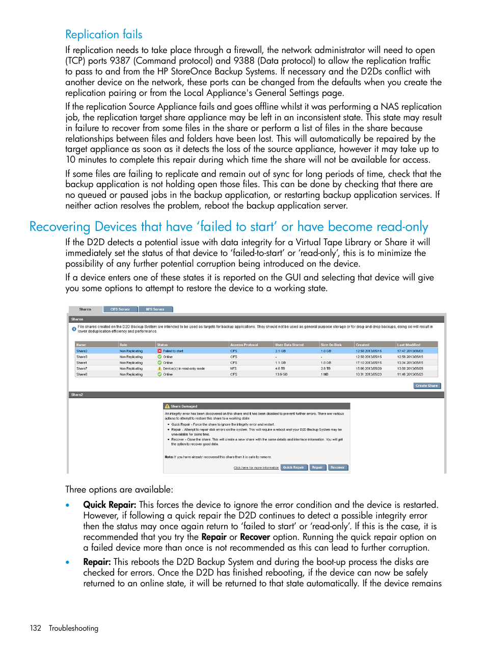 Recovering, Replication fails | HP StoreOnce Backup User Manual | Page 132 / 178