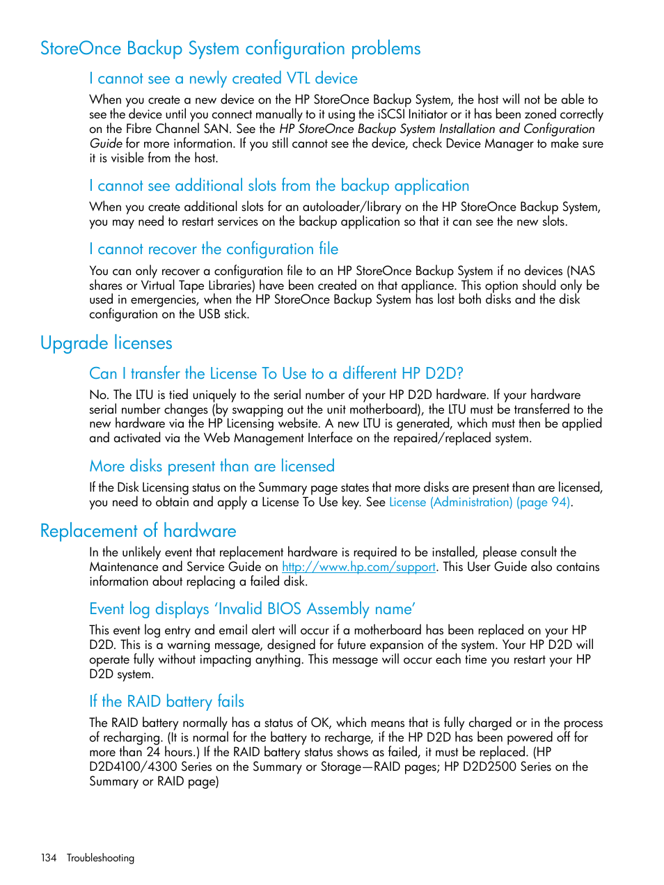 Storeonce backup system configuration problems, Upgrade licenses, Replacement of hardware | HP StoreOnce Backup User Manual | Page 134 / 178