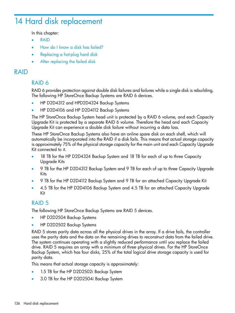 14 hard disk replacement, Raid, Raid 6 | Raid 5 | HP StoreOnce Backup User Manual | Page 136 / 178