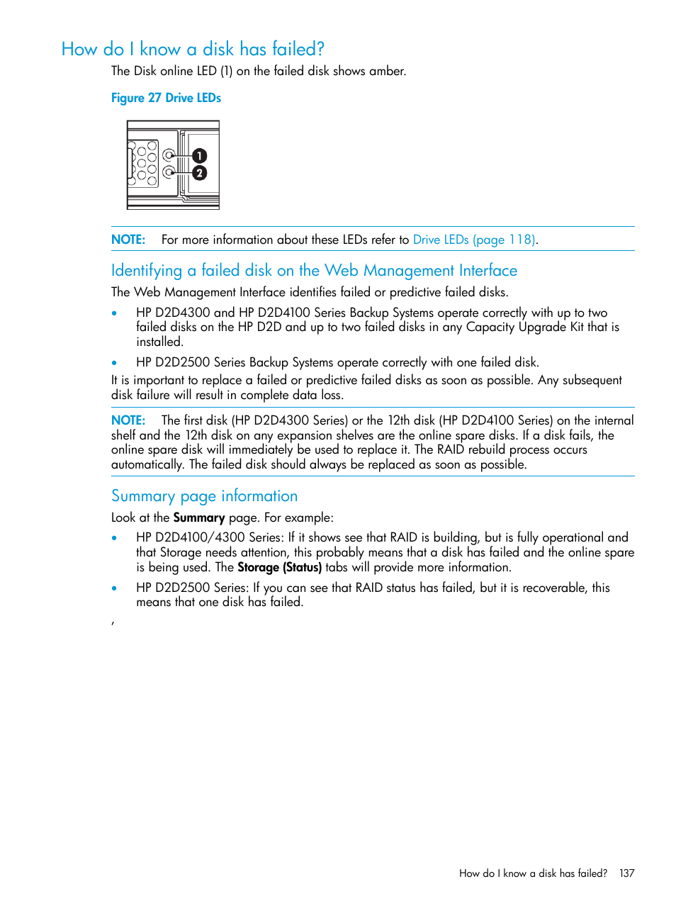 How do i know a disk has failed, Summary page information | HP StoreOnce Backup User Manual | Page 137 / 178