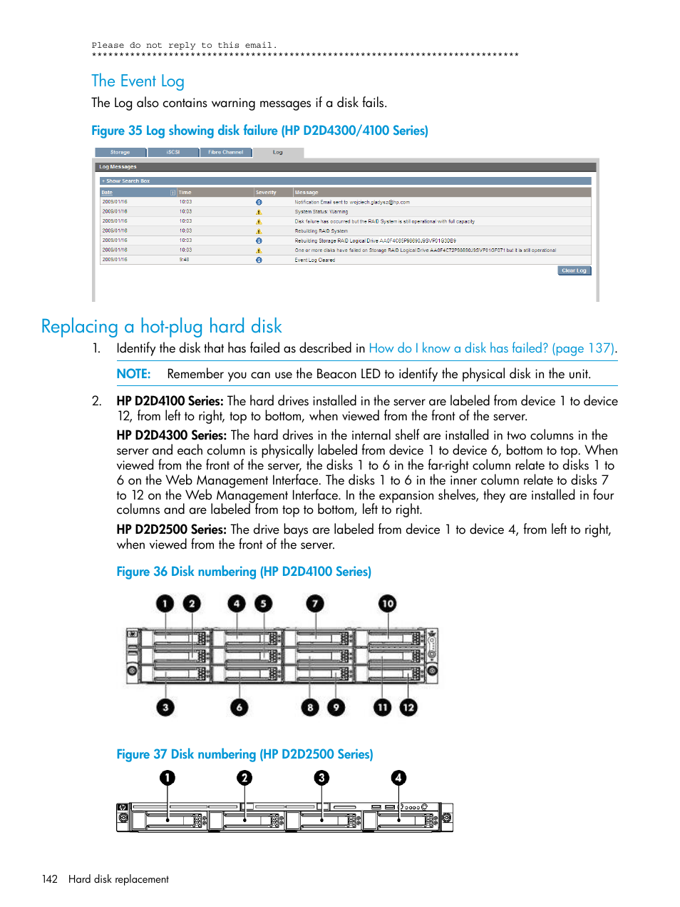 Replacing a hot-plug hard disk, The event log | HP StoreOnce Backup User Manual | Page 142 / 178