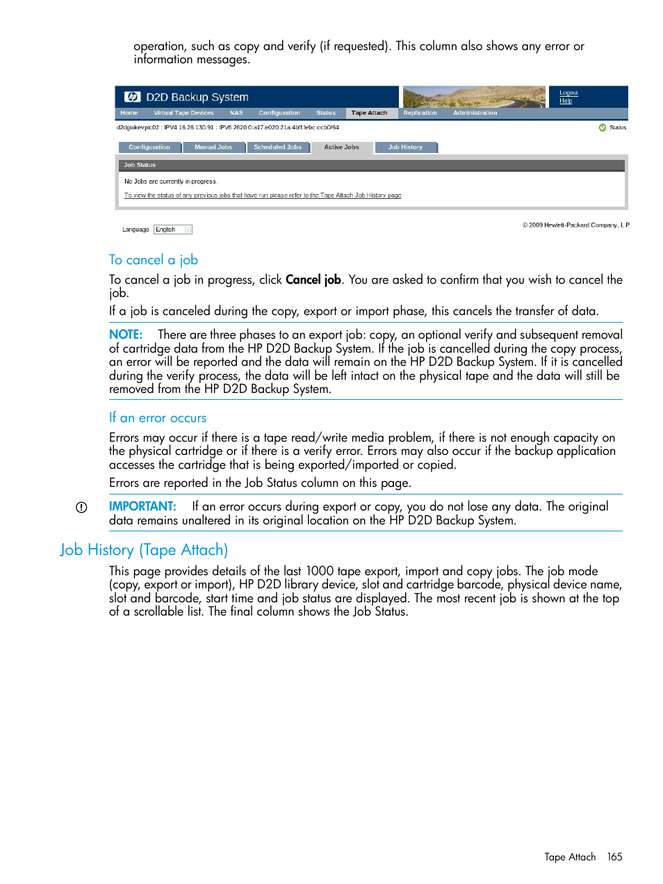 Job history (tape attach) | HP StoreOnce Backup User Manual | Page 165 / 178